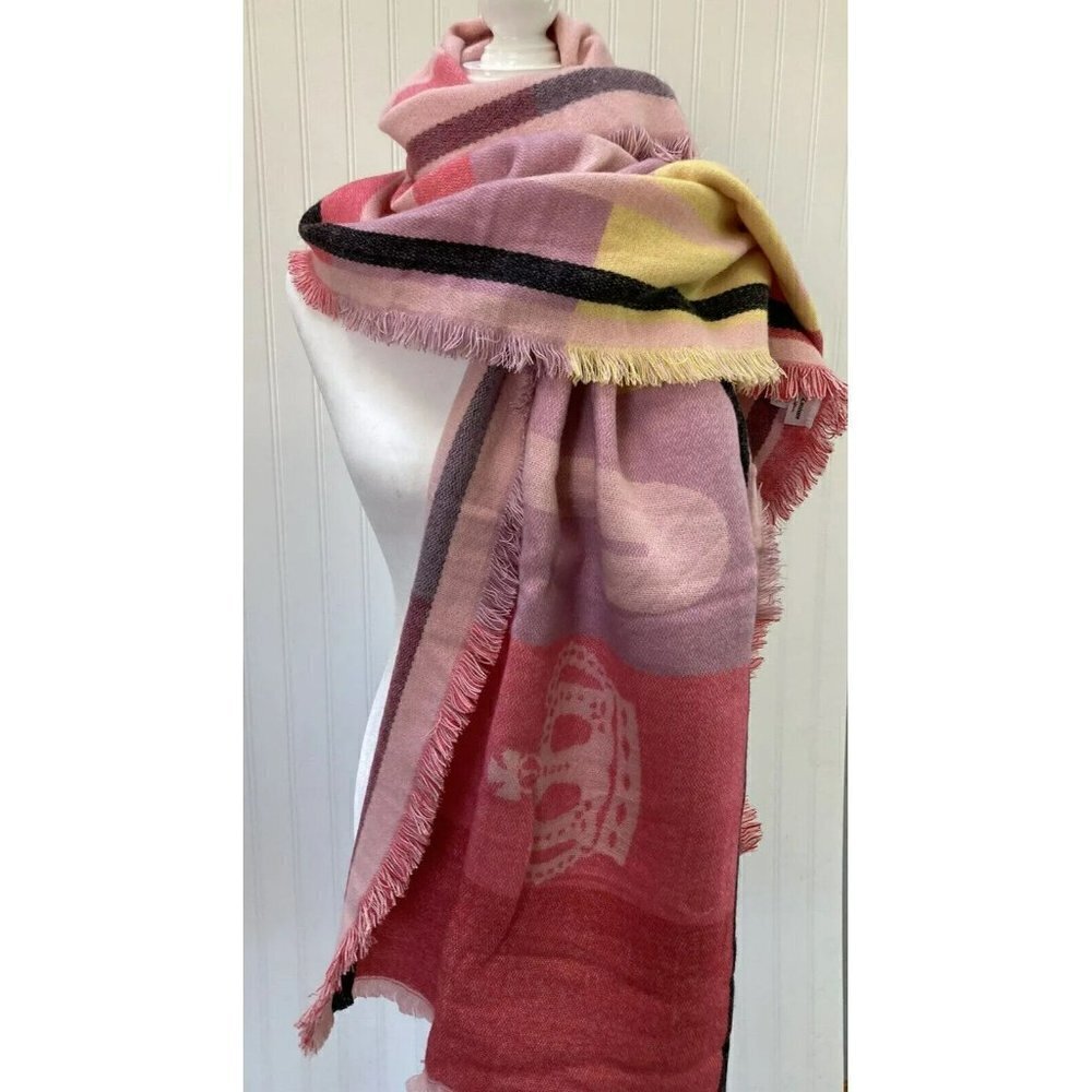 Juicy Couture NWT MultiRed Tapestry Weave Juicy Spellout Fringe Scarf Wrap -72”